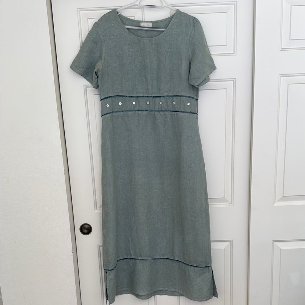 J. Jill Sage Green 100% Linen Dress with Button and Velvet Ribbon Detail